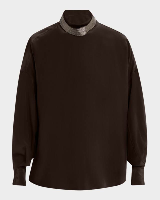 Crepe De Chine Long-Sleeve Blouse With Removable Thick Monili Coll